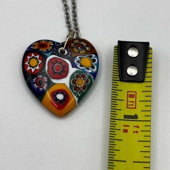 Millefiori Murano Glass Heart Pendant Necklace - Picture 8 of 10